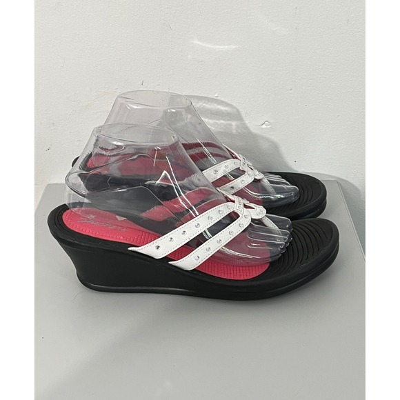 Skechers Shoes - Skechers Wedge Sandals Womens 10 White Pink Rhinestone Platform Flip Flops